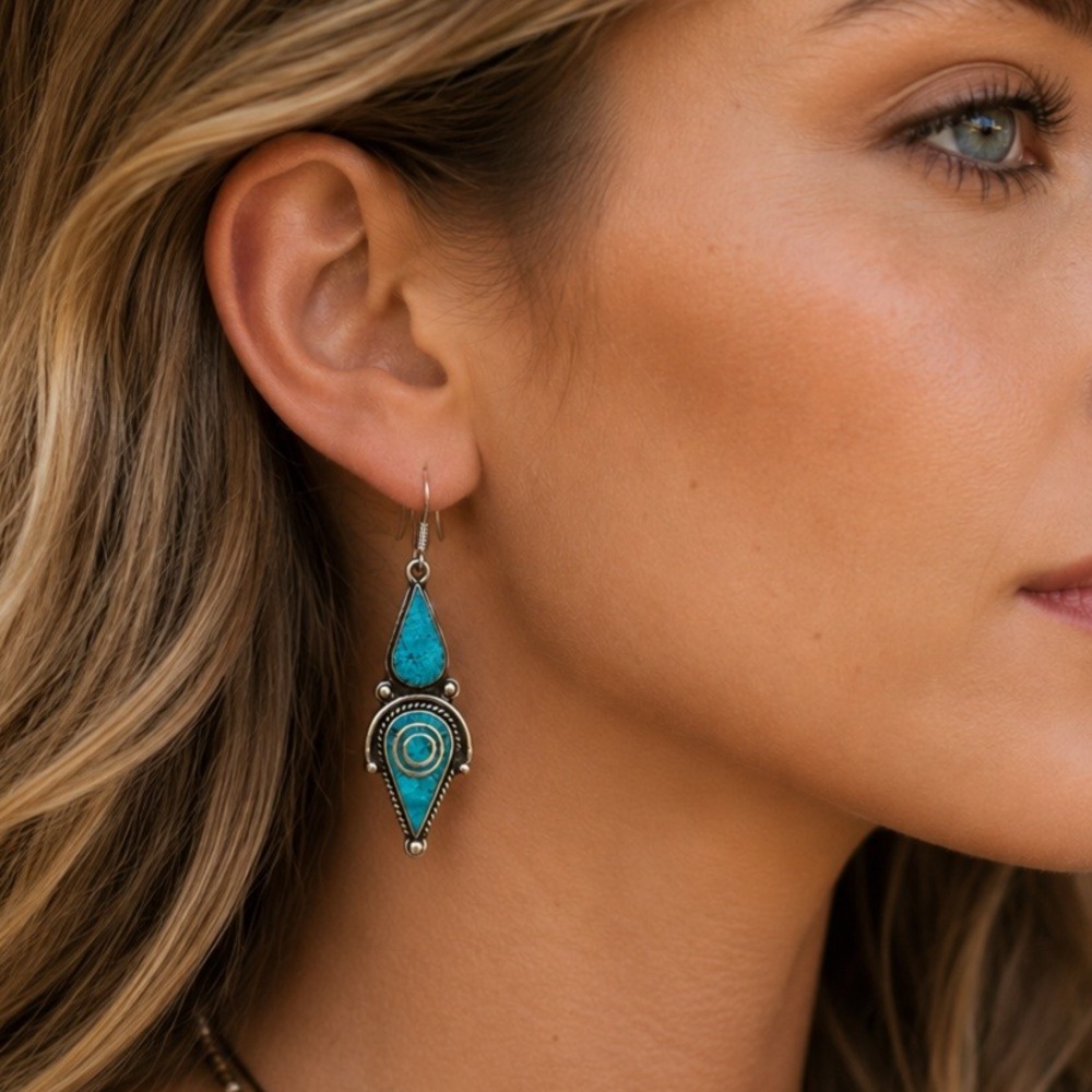 Turquoise Dangle Earrings Tibetan Handmade Boho Southwestern Ethnic Artisan New‎